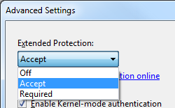 Screenshot della finestra di dialogo Impostazioni avanzate che mostra l'opzione Accetta selezionata dal menu a discesa Protezione estesa.