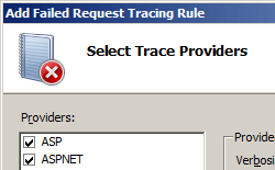 Screenshot della pagina Seleziona provider di traccia con A S P e A S P Net selezionata per La verbosità dei provider.