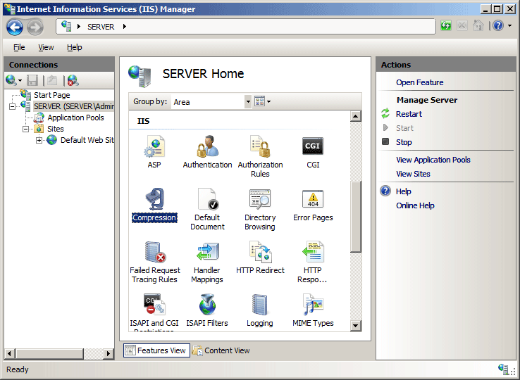 Screenshot di Gestione Internet Information Services con compressione selezionata nel riquadro Home del server.