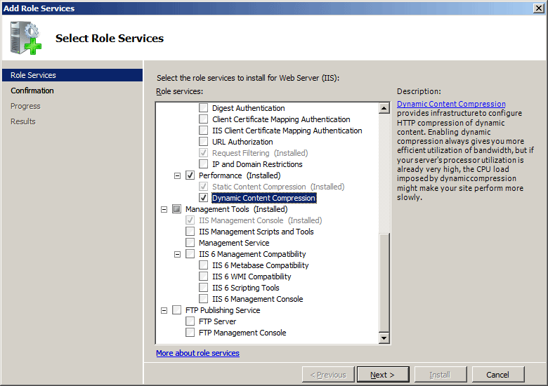 Screenshot della Procedura guidata Aggiungi servizi ruolo con compressione contenuto statico e Compressione contenuto dinamico selezionata.