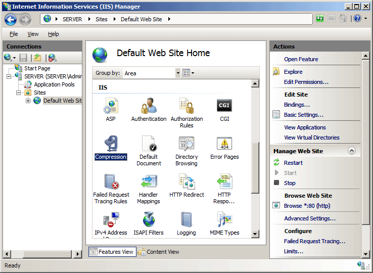 Screenshot di Gestione Internet Information Services con Compressione selezionata nel riquadro Home.