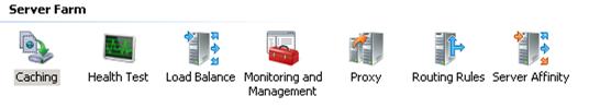 Screenshot delle icone della server farm. Le icone includono memorizzazione nella cache, test di integrità, bilanciamento del carico, monitoraggio e gestione, proxy, regole di routing e affinità server.