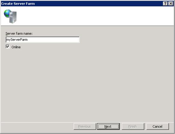 Screenshot della finestra di dialogo Crea server farm con una nuova server farm online denominata server farm.