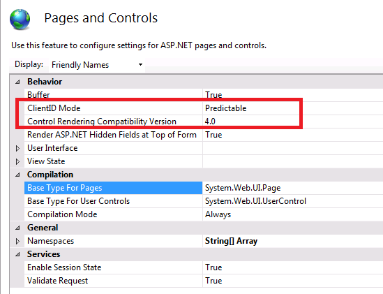 Screenshot della pagina Pagine e controlli. Vengono evidenziati i comportamenti della versione di compatibilità del client I D e del controllo del rendering.