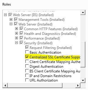 Screenshot dell'albero di spostamento di Server Manager. L'opzione Supporto certificati S L centralizzata nel nodo Sicurezza è selezionata ed evidenziata.