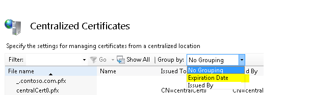 Screenshot della finestra di dialogo Certificati centralizzati. Nell'elenco a discesa Raggruppa per è evidenziata la data di scadenza.