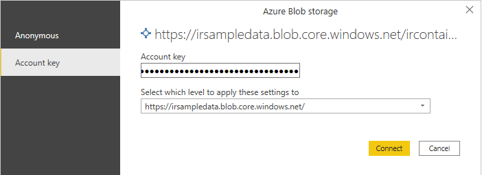 Copia il codice e incolla il valore nel campo Chiave di accesso nel dashboard Power BI e premi Connetti.