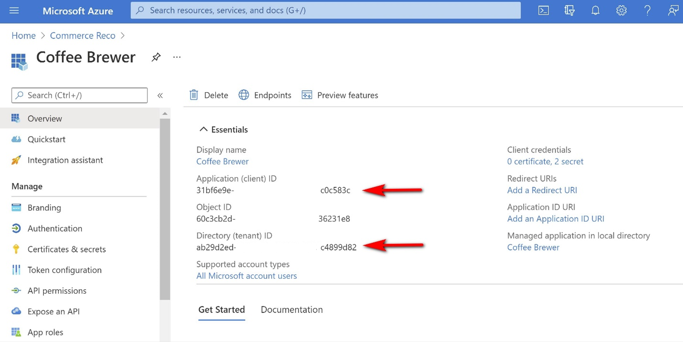 Individuare l'ID client e l'ID tenant nelle proprietà dell'applicazione Microsoft Entra ID.