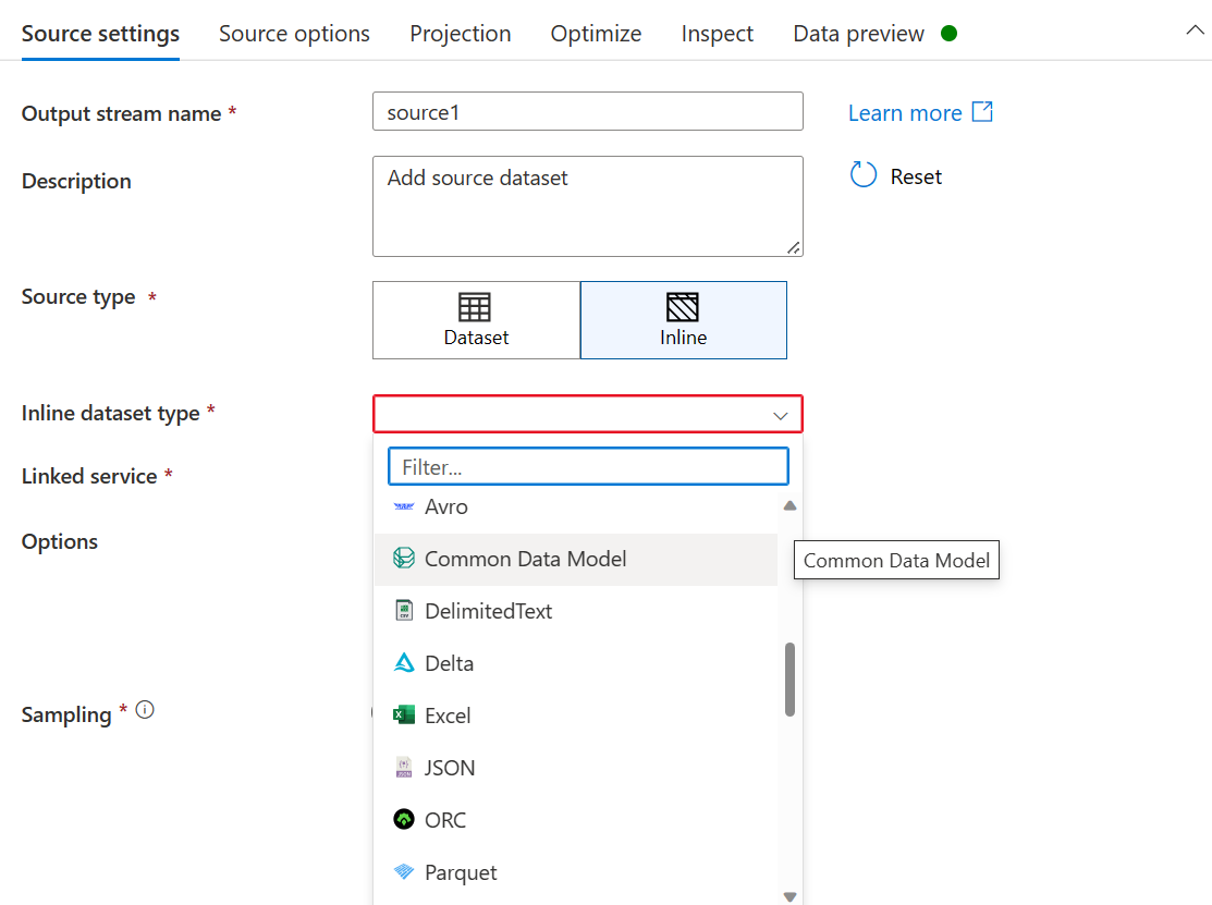 L'immagine mostra Common Data Model come origine inline.