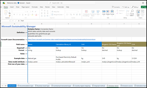 Screenshot che mostra come immettere informazioni in una scheda di entità nel modello di Excel.