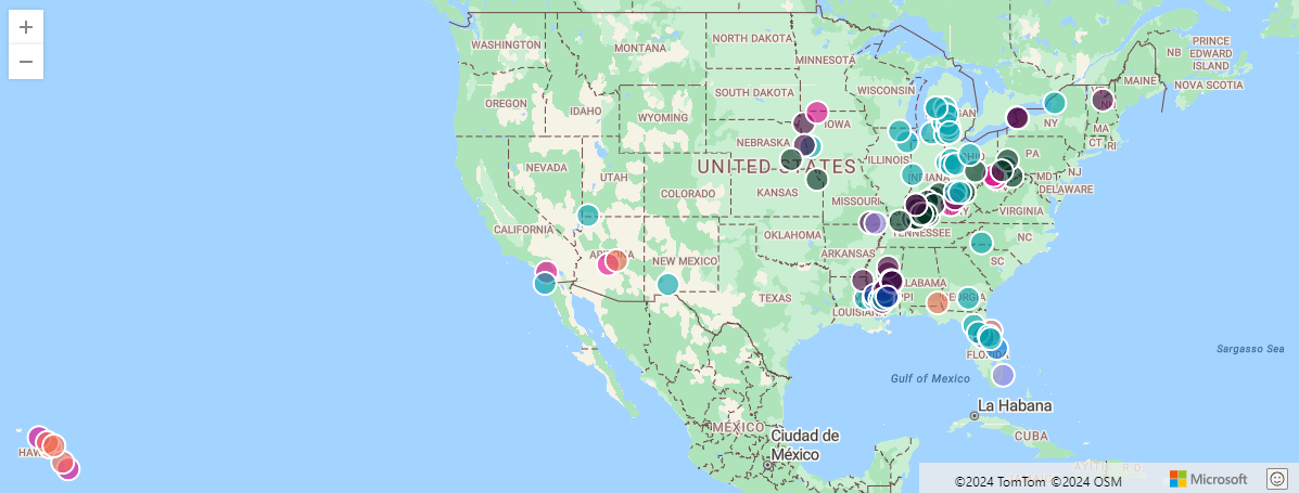 Screenshot degli eventi della serie storm di esempio in una mappa.