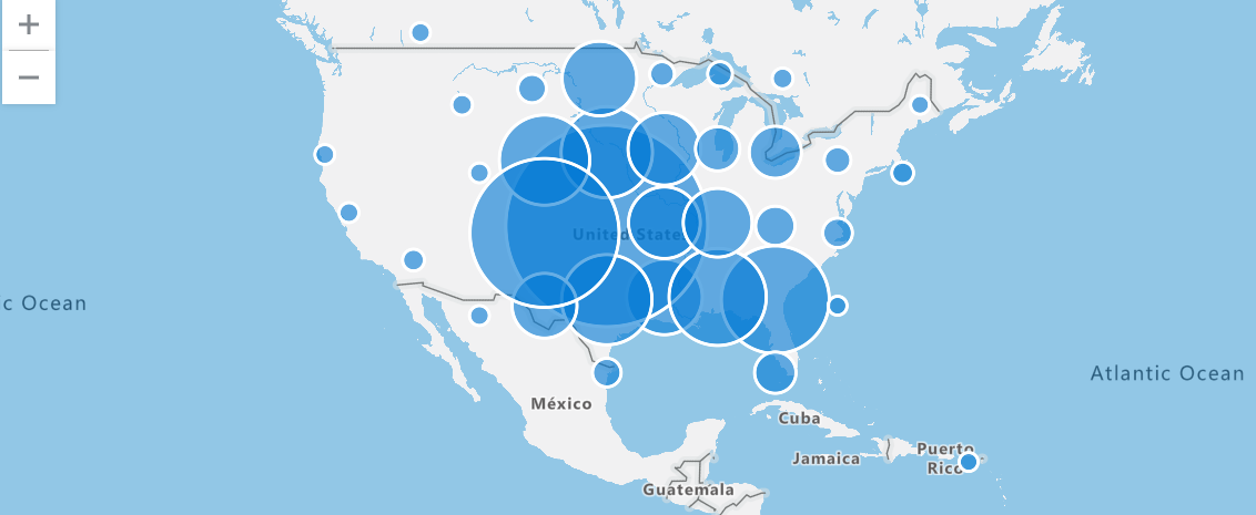 Screenshot dell'interfaccia utente Web di Azure Esplora dati che mostra una mappa geospaziale di tempeste di tornado.