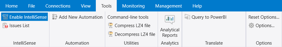 Screenshot of the Tool tab that shows the Tool tab's six sections.