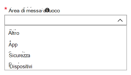 l'elenco delle aree di interesse, ad esempio Altro, App e Sicurezza.