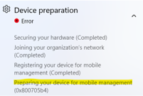 Pagina stato registrazione Autopilot, Errore di preparazione del dispositivo 800705b4.