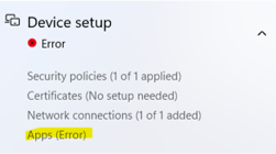 Pagina dello stato di registrazione di Autopilot, Errore di installazione del dispositivo per le app.