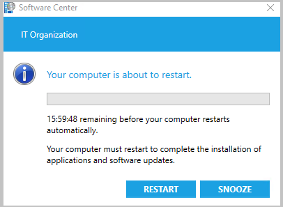 Screenshot della notifica Riavvio in sospeso di Software Center con il pulsante snooze.