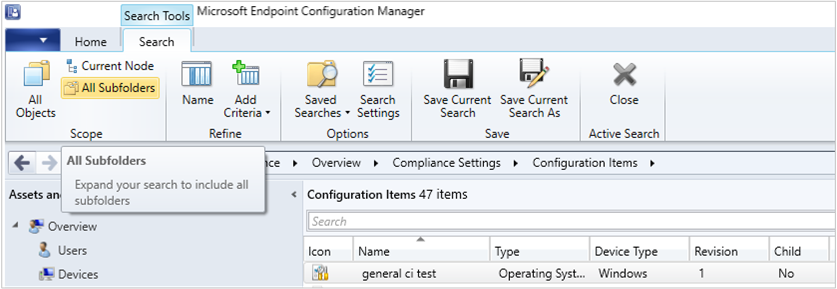 Screenshot della console di Configuration Manager, del nodo Elementi di configurazione e della scheda Ricerca