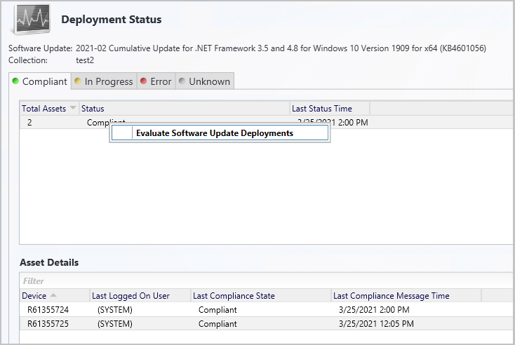 Screenshot dell'azione di clic con il pulsante destro del mouse per la valutazione della distribuzione degli aggiornamenti software dallo stato di distribuzione degli aggiornamenti software