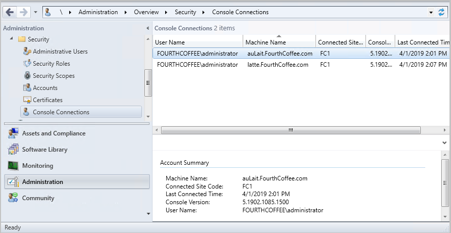 Visualizzare Configuration Manager connessioni console.