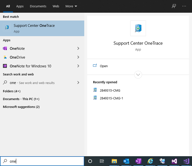 Support Center OneTrace nel menu Start di Windows con l'elenco aperto di recente.