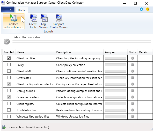 Raccogliere l'opzione di dati selezionata in Support Center Client Data Collector