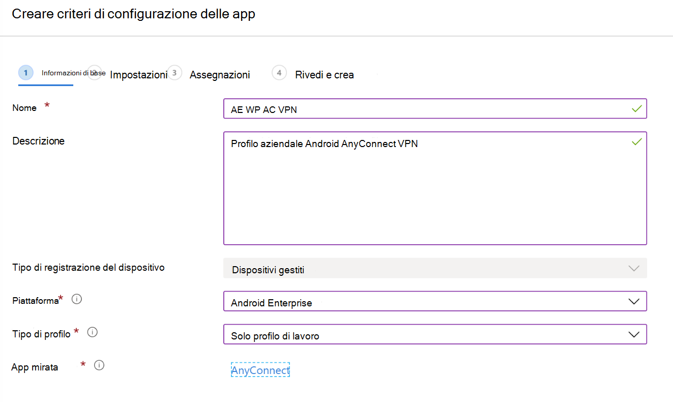 Creare un criterio di configurazione dell'app per configurare VPN o VPN per app in Microsoft Intune