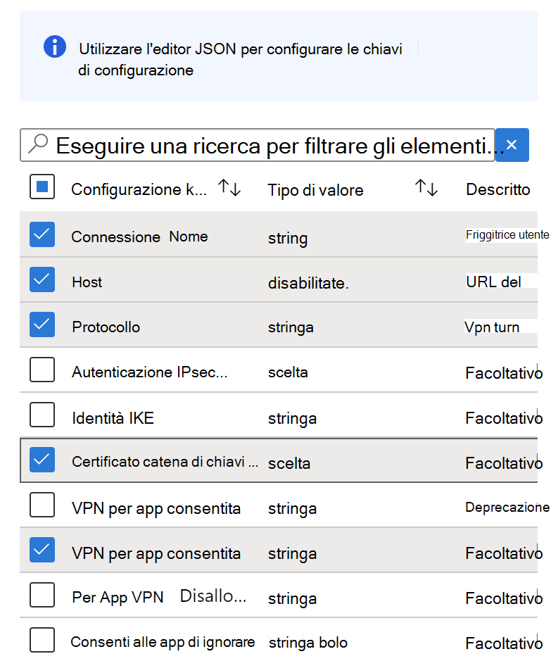 Aggiungere chiavi di configurazione a un criterio di configurazione dell'app VPN in Microsoft Intune usando configuration Designer - esempio.