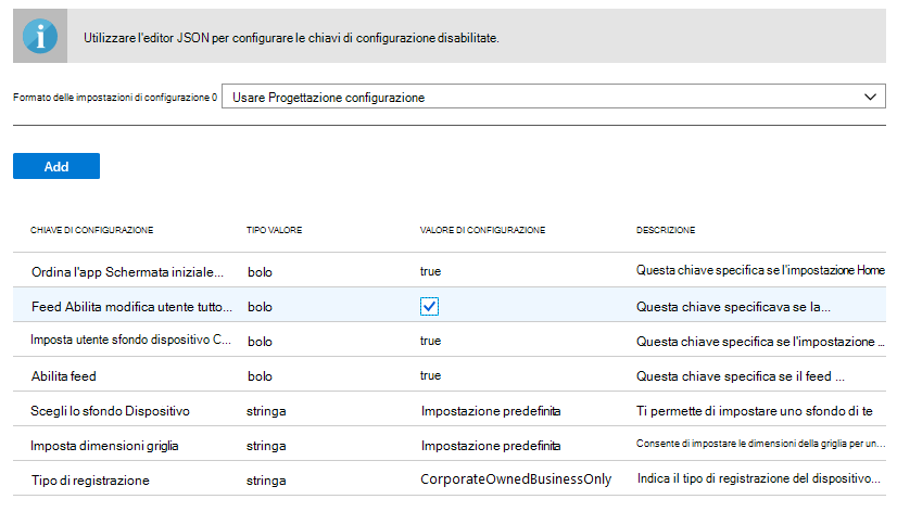 Formato delle impostazioni di configurazione - Immettere i dati JSON