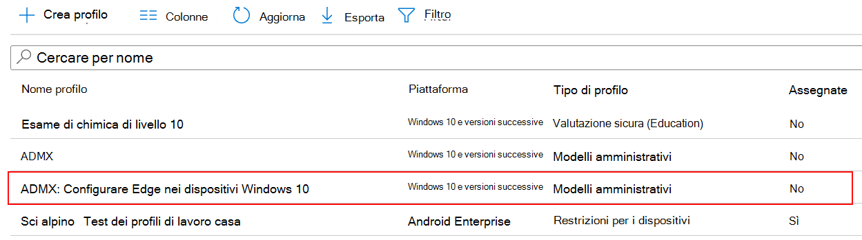 Screenshot dell'impostazione dei criteri ADMX visualizzato nell'elenco dei profili di configurazione del dispositivo in Microsoft Intune e Intune'interfaccia di amministrazione.