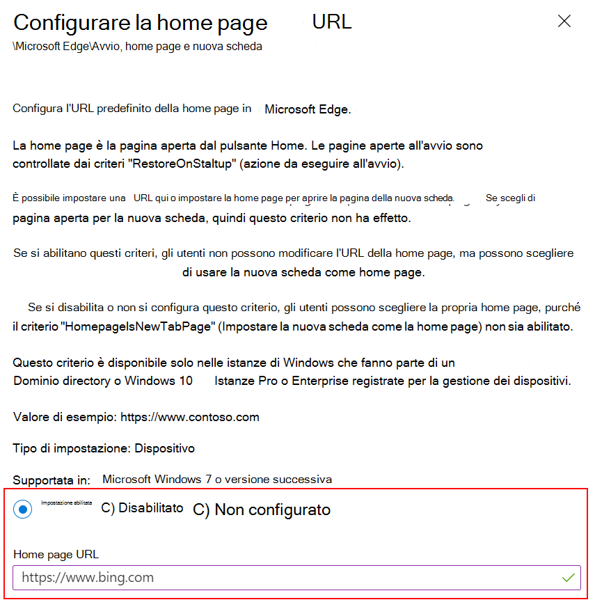 Screenshot di Impostare l'URL della home page di Microsoft Edge su un sito Web usando modelli ADMX in Microsoft Intune e Intune'interfaccia di amministrazione.