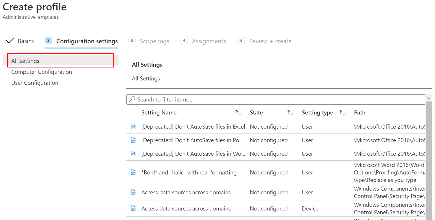 Screenshot che mostra come selezionare Tutte le impostazioni usando i criteri modello ADMX in Microsoft Intune.