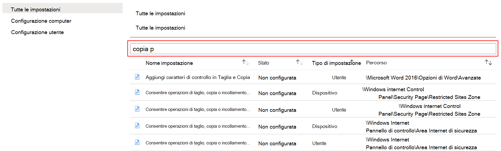 Cercare copia per visualizzare tutte le impostazioni del dispositivo nei modelli amministrativi di Microsoft Intune e nell'interfaccia di amministrazione di Intune.