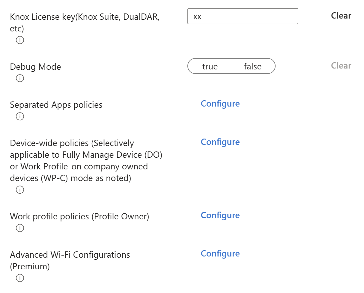 Screenshot che mostra un profilo di configurazione del dispositivo OEMConfig di esempio con i principali gruppi padre o bundle che possono essere configurati in Microsoft Intune.