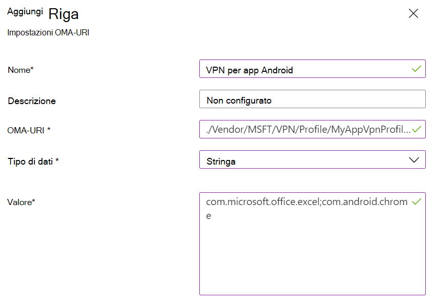 Screenshot che mostra i criteri personalizzati vpn per amministratore di dispositivi Android per app in Microsoft Intune.