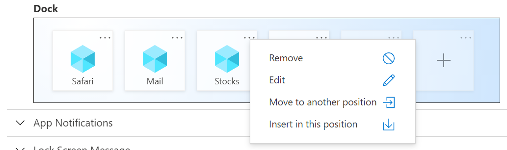 Impostazioni del dock per il layout della schermata iniziale di iOS/iPadOS di esempio in Microsoft Intune