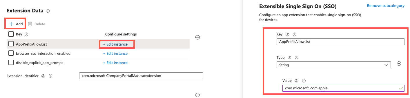 Screenshot che mostra come configurare le impostazioni dei dati dell'estensione, ad esempio AppPrefixAllowList.