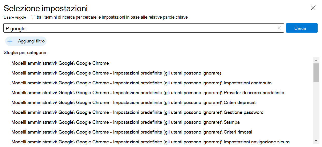 Screenshot che mostra le impostazioni di Google Chrome nel catalogo delle impostazioni incorporate nell'interfaccia di amministrazione di Microsoft Intune e Intune. Usa queste impostazioni per creare e configurare criteri google chrome nei dispositivi Windows.