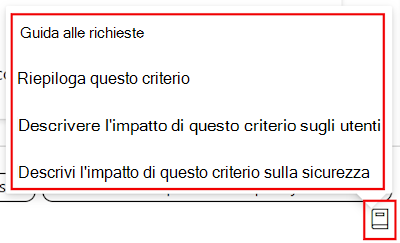 Screenshot che mostra la guida alla richiesta dei criteri copilot e un elenco delle richieste disponibili nel catalogo delle impostazioni nell'interfaccia di amministrazione di Microsoft Intune e Intune.