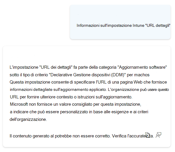 Screenshot che mostra Copilot che fornisce informazioni più dettagliate su qualsiasi impostazione nel catalogo delle impostazioni nell'interfaccia di amministrazione di Microsoft Intune e Intune.