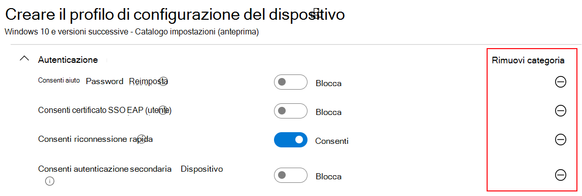 Screenshot che mostra il Catalogo impostazioni e che i valori predefiniti nell'interfaccia di amministrazione di Microsoft Intune e Intune sono gli stessi dei valori predefiniti del sistema operativo.