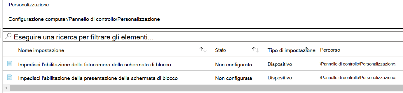 Screenshot che mostra il percorso dell'impostazione dei criteri di personalizzazione in Microsoft Intune.