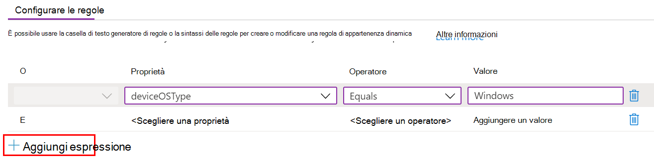 Screenshot che mostra come creare una query dinamica e aggiungere espressioni in un modello amministrativo Microsoft Intune.