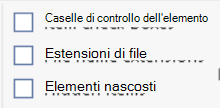 Screenshot che mostra come selezionare le estensioni del nome file nella scheda Visualizza in Esplora file di Windows.