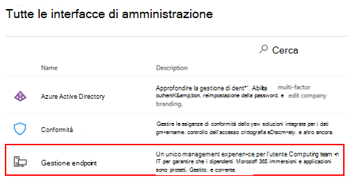 Screenshot che mostra tutte le interfacce di amministrazione nel interfaccia di amministrazione di Microsoft 365.