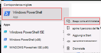 Screenshot che mostra come eseguire Windows PowerShell come amministratore.