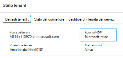 Screenshot che mostra come impostare l'autorità MDM su Microsoft Intune nello stato del tenant.