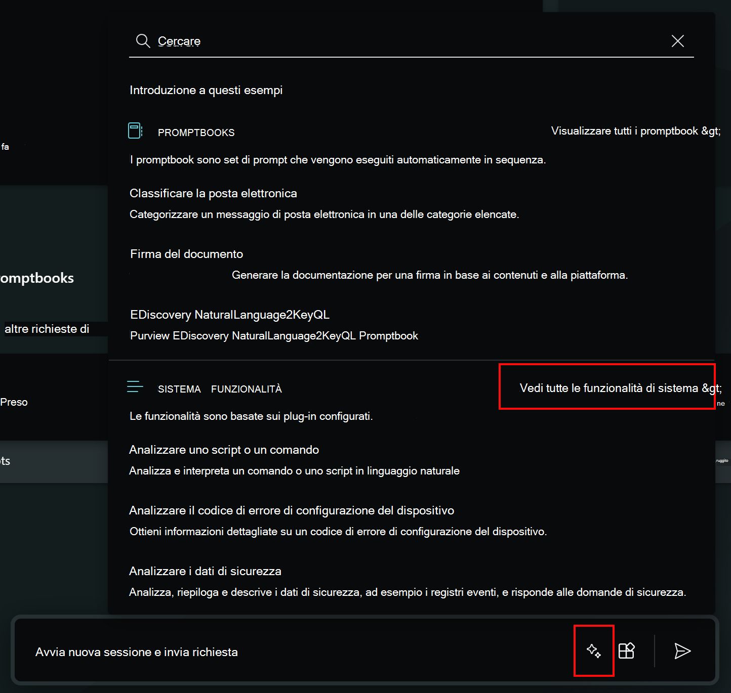 Screenshot che mostra come selezionare l'icona dei prompt e le funzionalità di sistema in Security Copilot.