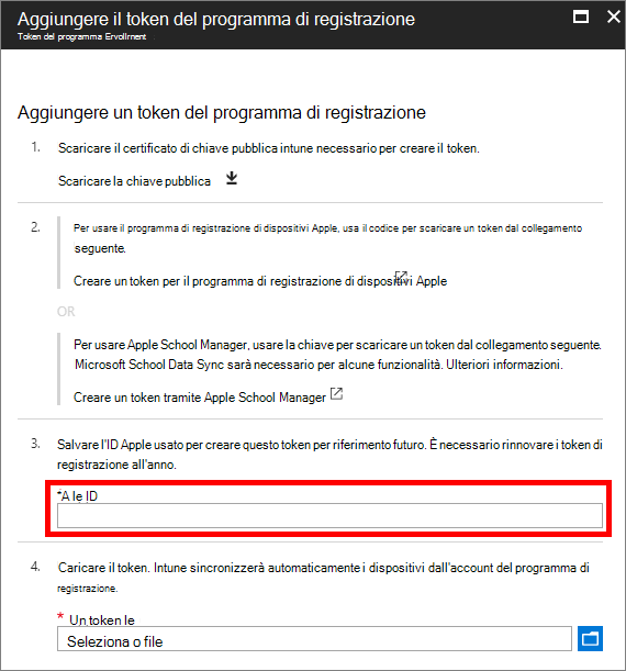 Screenshot in cui viene specificato l'ID Apple usato per creare il token del programma di registrazione e passare al token del programma di registrazione.