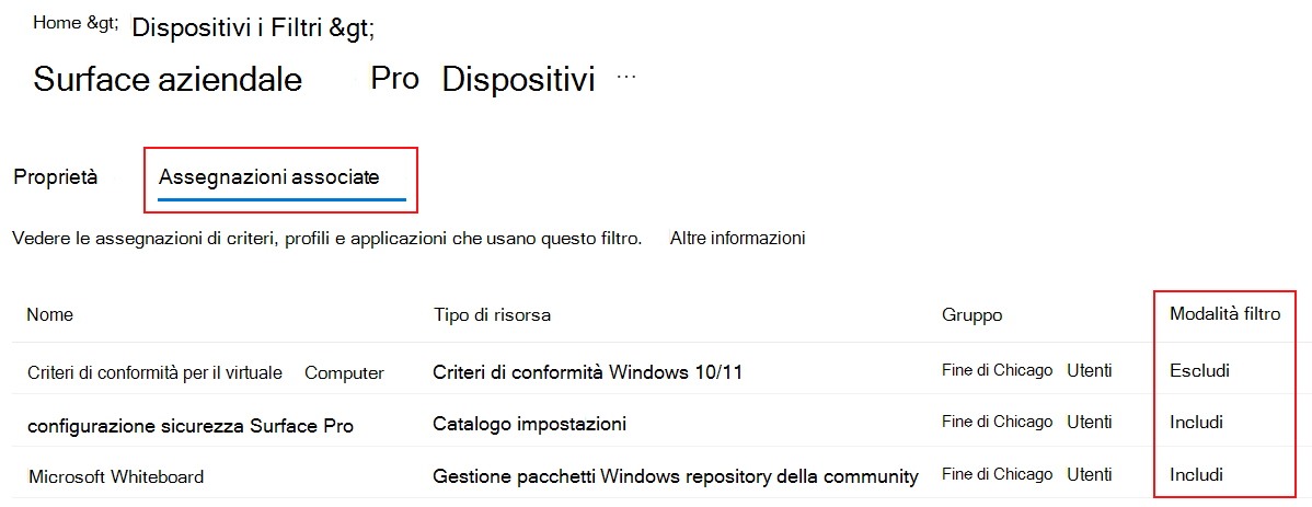 Screenshot che mostra le schede di assegnazione associate per un filtro esistente in Microsoft Intune.